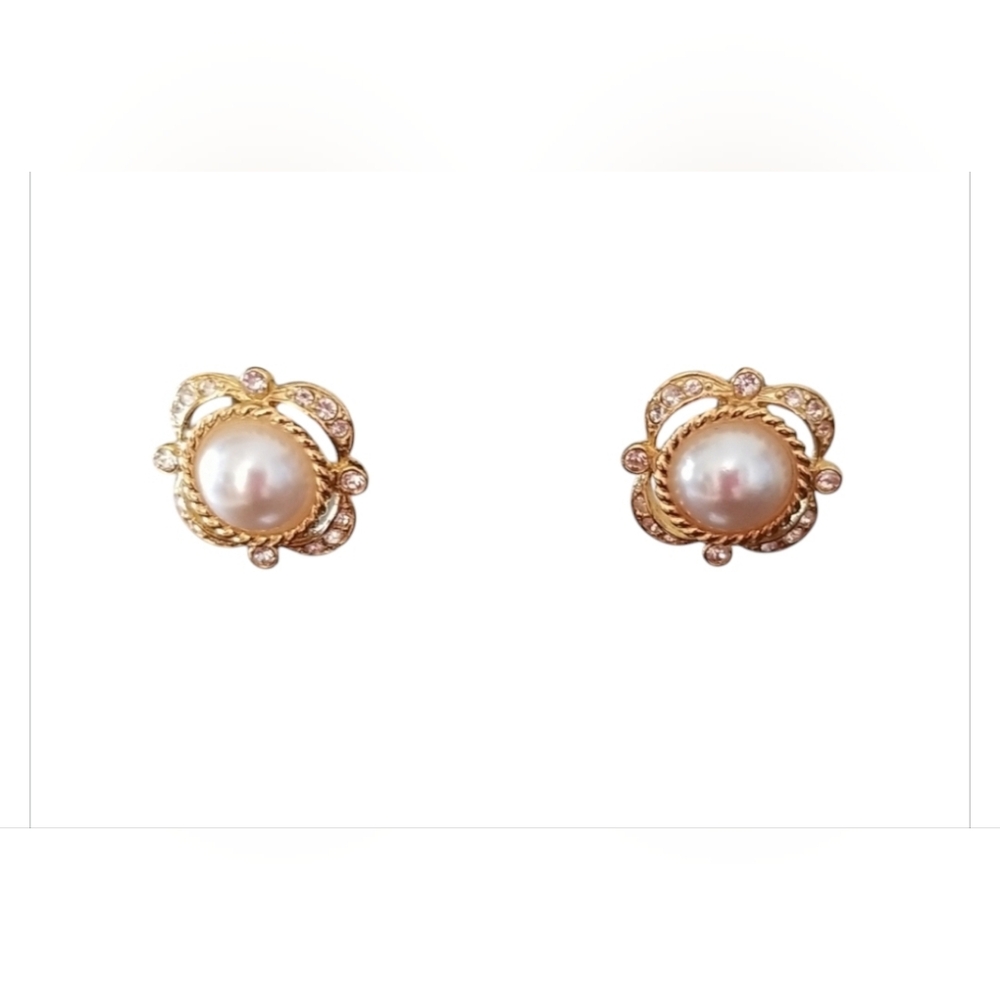 Vintage pearl and cry gold tone pierced earrings